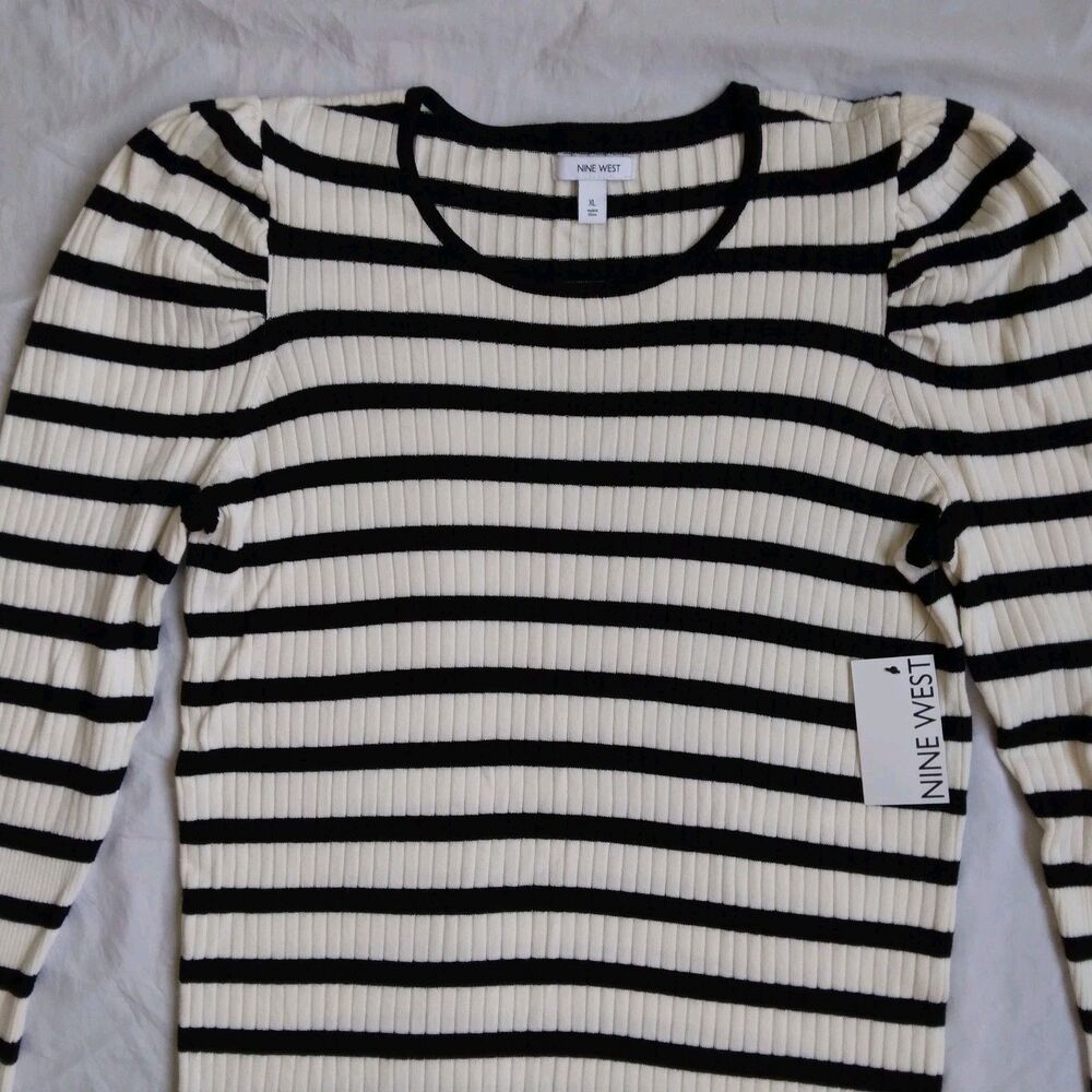 NWT Nine West Ribbed Puff Sleeve Sweater Ivory Black Stripes Long Sleeve XL - Picture 4 of 12